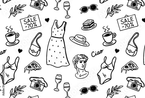 Italy travel summer elements, hand-drawn black line doodles, vector on white, sketch style. For planners, stickers, social media, travel blogs, posters, digital and print designs.