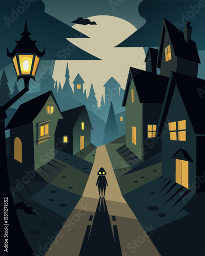 In the small village the gaslights shadow was a constant presence looming over the houses and creating a sense of unease a the villagers.. Vector illustration