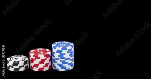 Casino chips growing stacks animation, seamlessly loopable. 3D rendering isolated on transparent background
