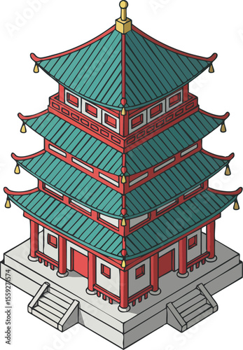 Traditional Asian pagoda architecture vector with green roof and red walls in isometric view