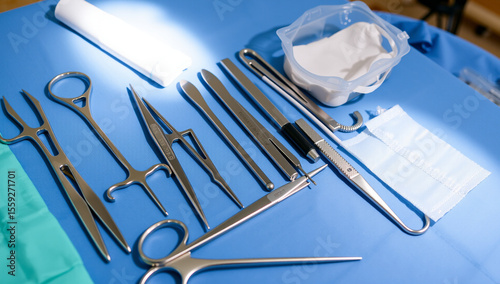 neatly arranged surgical tools on blue drape, hospital setting