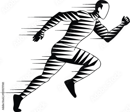 Running man silhouette with dynamic striped pattern illustrating speed and motion in black and white vector design