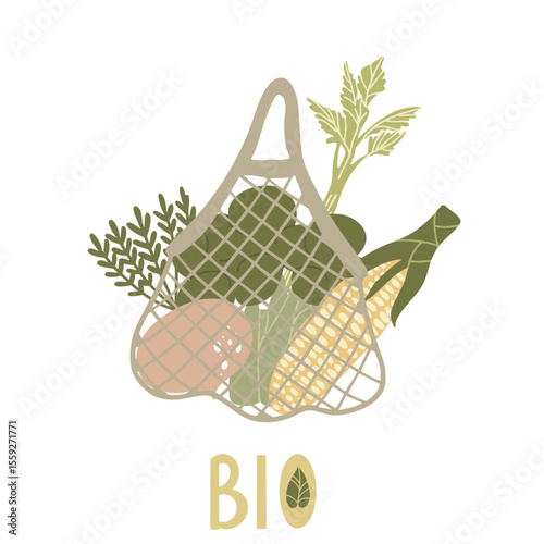Vector illustration of beet, corn and broccoli inside a reusable mesh market bag. Plastic‑free shopping graphic for sustainable food, packaging, and eco‑friendly projects.
