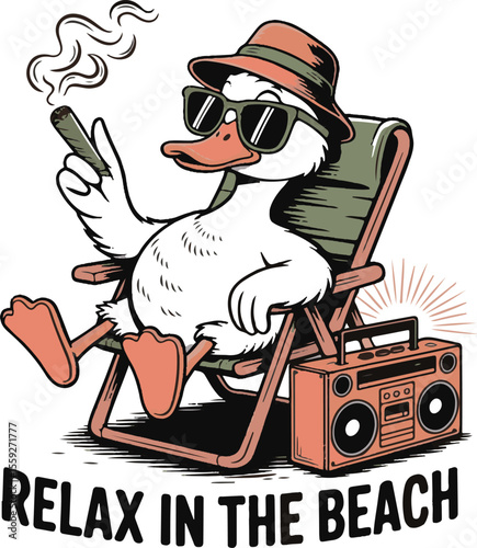 Cool duck relaxing on a beach chair smoking a cigar with a boombox sunglasses