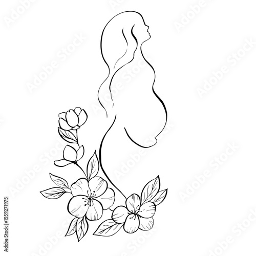 Vector Pregnant woman in silhouette holds belly near blooming sakura. Hand-drawn vector with linear contour cherry and apple trees in spring. Peaceful maternity sketch illustration. Tattoo