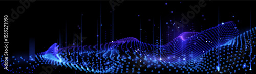 Wavy field of shining data particles in space. Abstract concept represents database, blockchain network, AI learning cloud, digtal network. Perfect for tech presentations