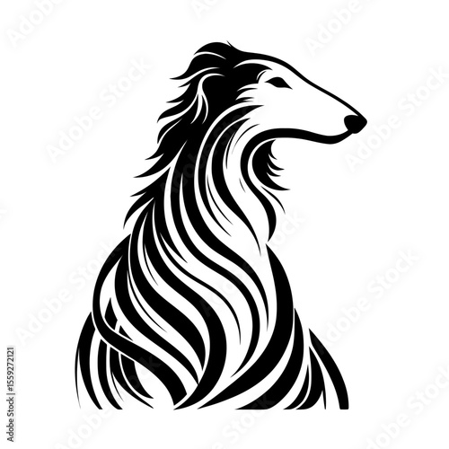 Vector illustration of borzoi dog in black strokes and lines. Family pet, love and care for animals, adoption fair. Types of breeds, decoration for grooming salon or vet clinic	