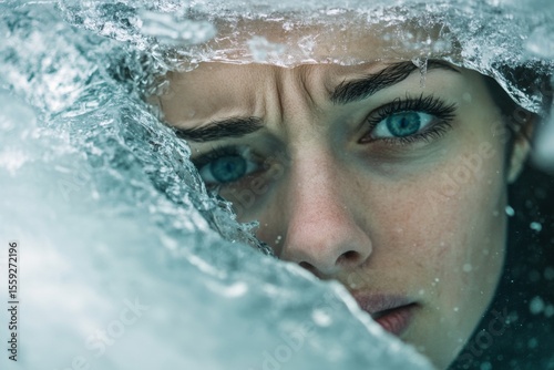 A woman is submerged under ice in a frozen lake, holding her breath and displaying deep concentration. The clarity of her expression contrasts with the icy surroundings, highlighting her struggle