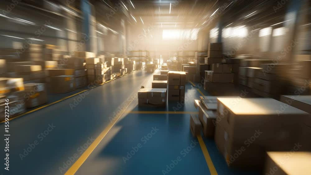 A dynamic scene captures the hustle of a warehouse, boxes while flying through the scene, evoking a sense of urgency and movement.