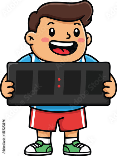 Cartoon boy holding blank scoreboard with cheerful expression in casual clothes and sneakers vector illustration
