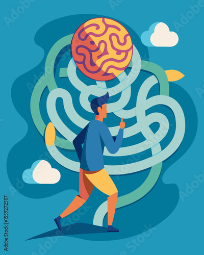 Lost in a maze of synapses the ped individual struggles to find their way out of their own mind.. Vector illustration