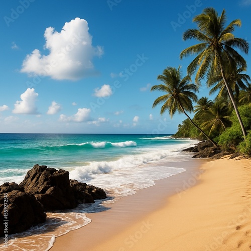 Tropical Beach with Palm Trees and Turquoise Waves under Blue Sky
