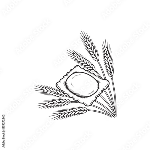 Hand-drawn Ravioli and Wheat Illustration.Elegant black and white line drawing of a ravioli, nestled amongst wheat stalks.