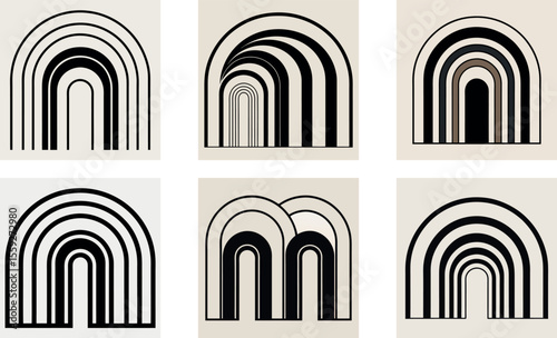 Abstract Mid-Century Modern Archway Set: Black, Beige, Minimalist Prints