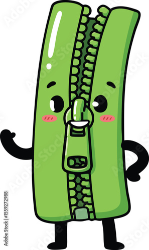 Green zipper character with smiling face waving hand friendly cartoon design vector illustration
