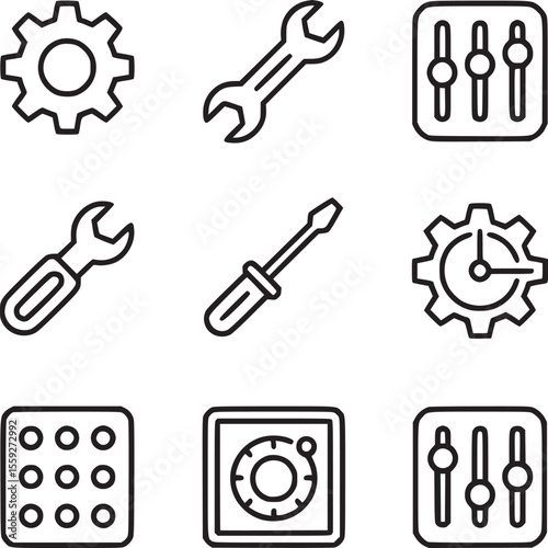 A set of nine line icons depicting tools settings and controls arranged in a square grid pattern