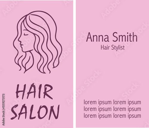Elegant pink business card design for a hair salon with a minimalist female profile illustration, salon name, stylist's name, and placeholder contact details.