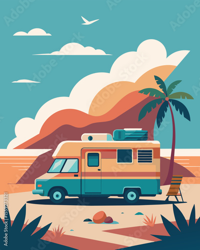 The opulent RV is situated right on the beach with the sounds of crashing waves providing a calming backdrop as the freelancer works on their latest project.. Vector illustration