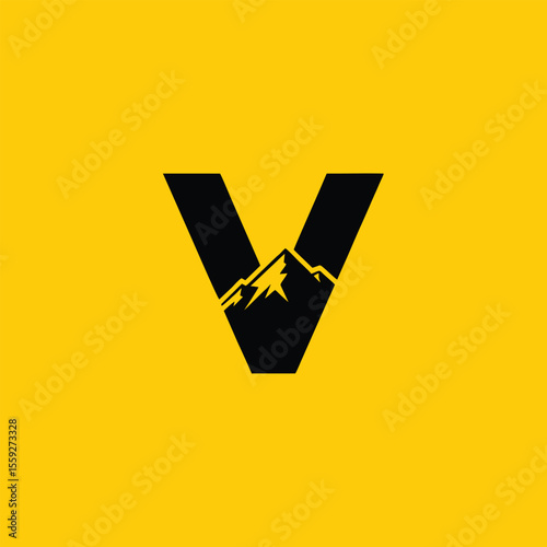 Mountain Inside Letter V Logo Design 