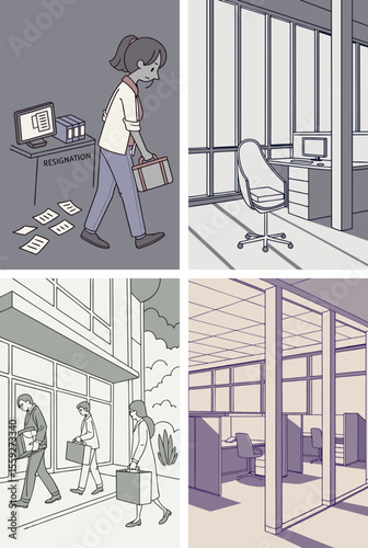 4-vector set illustrating the Great Resignation: empty office, resignation letter, quitting employee, new opportunity door
