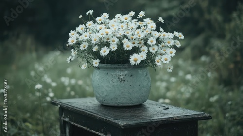 White Daisies Bouquet in Teal Pot on Wooden Table Amidst Green Foliage