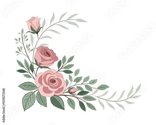 Elegant Pink Roses and Greenery Corner Design Element