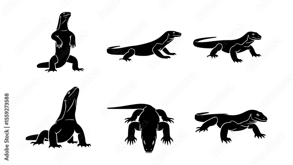 Naklejka premium A set of black and white Komodo Dragon silhouettes. The images showcase different poses of the reptile