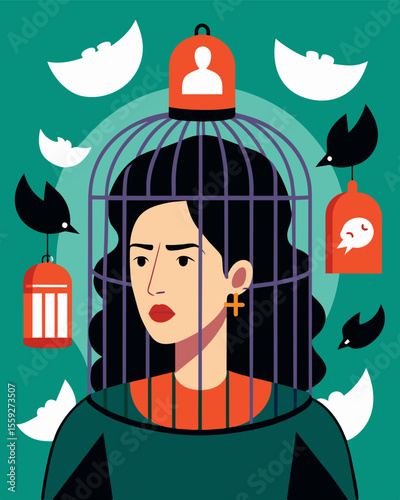 The walls of her verbal cage were built from the harsh words of society constantly telling her she wasnt good enough.. Vector illustration