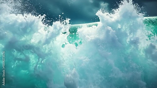 Powerful Blue Ocean Wave with foam Wild Sea Splash under Summer Sunlight and Sky