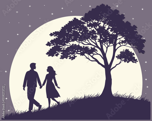 Silhouette of a Couple Walking Hand in Hand Under a Full Moon