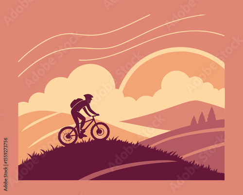 Silhouette of Cyclist Mountain Biking at Sunset Landscape