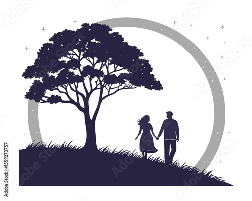 Silhouette of a Couple Walking Hand in Hand Under a Tree at Night