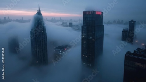 Dramatic Aerial View Of City Skyscrapers Emerging From Dense Fog In Daytime With Soft Lighting