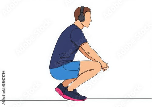 Stylized continuous line drawing of a man wearing headphones and athletic shorts squatting with knees bent and hands clasped