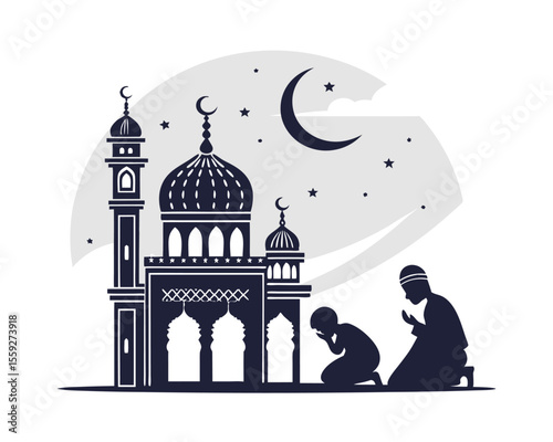 Muslim children praying at night in front of a mosque under the crescent moon