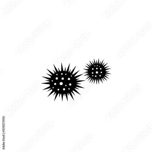 Two prickly sea urchins, black vector illustration. Marine inhabitants, sea creatures on the beach. Biology and fauna concept. Stinging and dangerous animals
