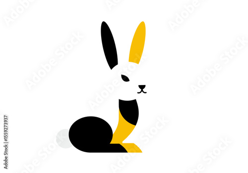 Abstract bunny, rabbit or hare vector illustration in black, gray and yellow geometric design. Image for schools and nurseries, flashcards. Creative icon of animal types	
