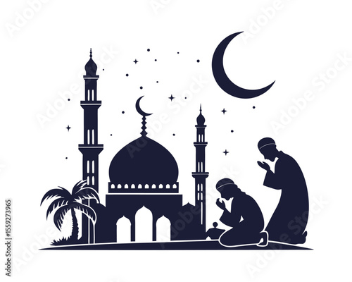 Silhouette of Muslims Praying at Night Near Mosque Under Crescent Moon