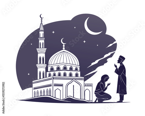 Muslim Couple Praying Nightly Before Mosque Under Crescent Moon