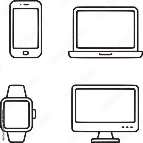 Outline illustration of a smartphone laptop smartwatch and desktop computer on a white background