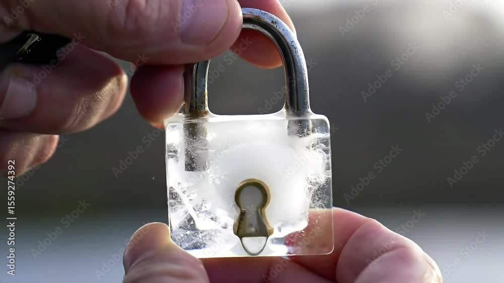 A close-up shows a hand holding an ice block shaped as lock with a metal shackle. A keyhole is visible, and interior is snowy