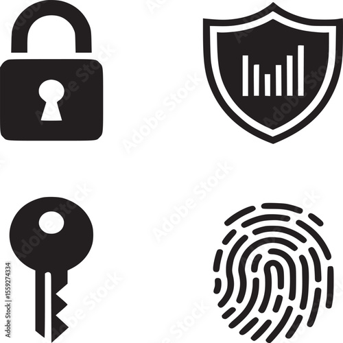 Illustration of a padlock, key, shield with graph, and fingerprint on a white background image