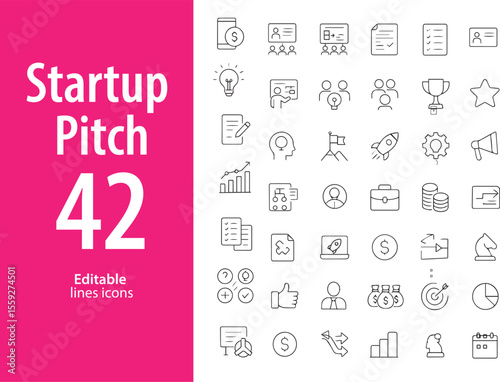 Startup Pitch Line Icons, Business Idea, Investment, Pitch Deck, Growth Chart, Target Market, Strategy, and More , Editable Formats: AI, EPS, JPG, PNG , Ideal for Both Digital and Print Use

