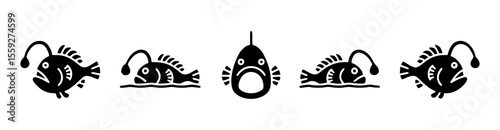 An array of five illustrated anglerfish, each with a unique pose, showcasing the mysteries of the deep sea