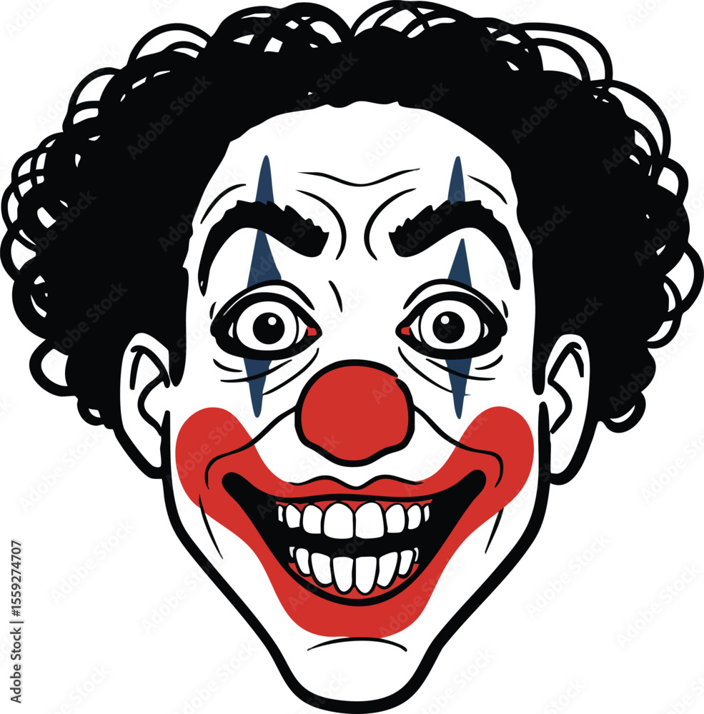 Fototapeta premium Smiling clown face with white makeup red nose and curly hair vector illustration for entertainment and carnival themes