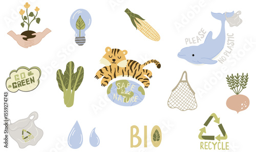 Vector clipart set about ecology: endangered tiger, dolphin, ocean water, plastic waste, and leafy greens symbolizing sustainability. Perfect for eco‑campaigns, education, and green design.