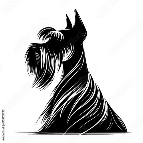 Vector illustration of schnauzer dog in black strokes and lines. Family pet, love and care for animals, adoption fair. Types of breeds, decoration for grooming salon or vet clinic