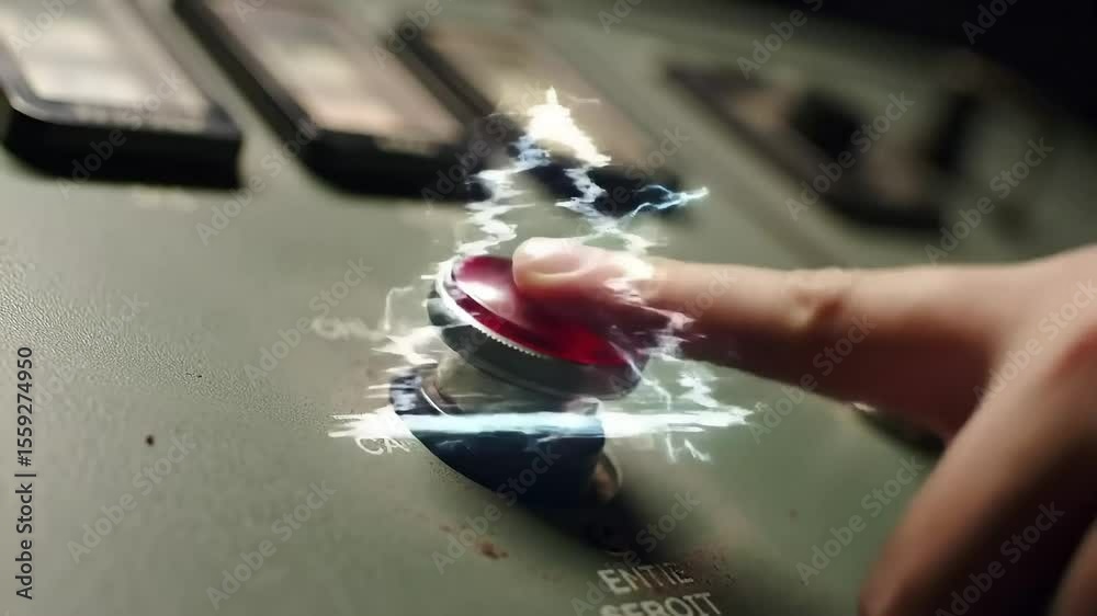 A finger presses a bright red, round button on a textured, olive green control panel with additional screens behind it