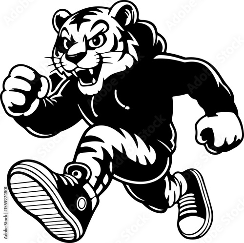 Running tiger mascot with sneakers athletic