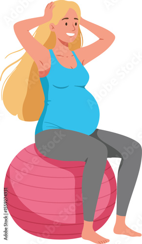 Pregnant woman exercising with pink fitness ball in casual blue top and grey leggings healthy lifestyle and wellness concept